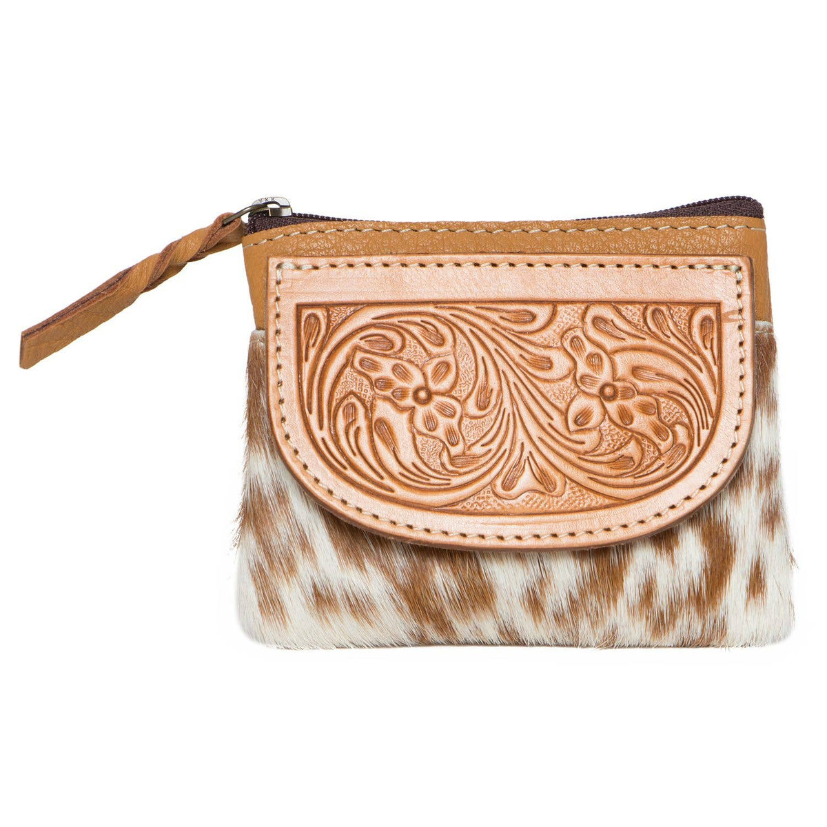 Tooling Leather Cowhide Zip Purse - Black & White