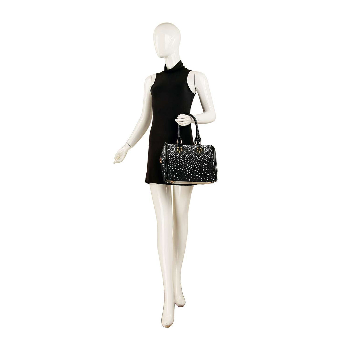Rhinestone Covered Locked Satchel Handbag - Black