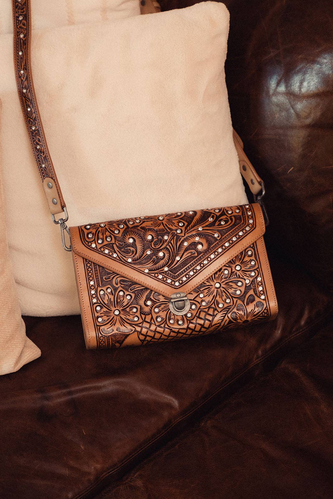 Myra Bag - Circe Hand Tooled Bag for Women in tan with rhinestones - Tan