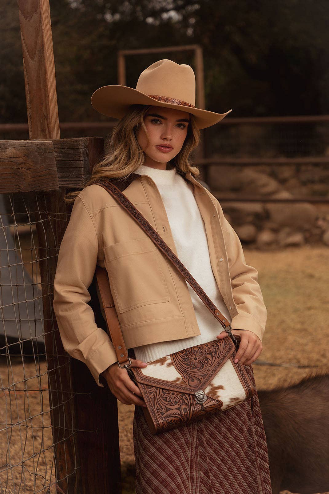 Myra Bag - Circe Hand Tooled Bag for Women in tan with hairon - Tan