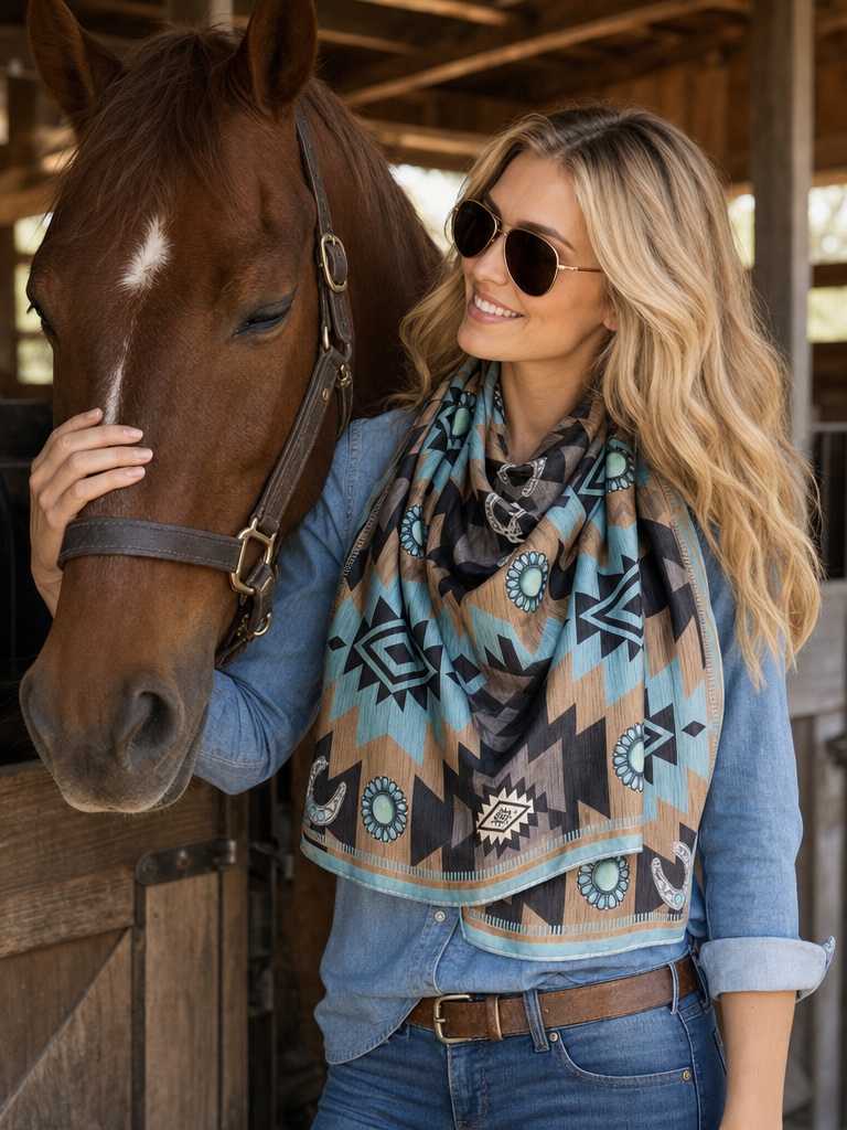 AZTEC PRINT SQUARE WILD RAG 36X36 - Teal/Mocha