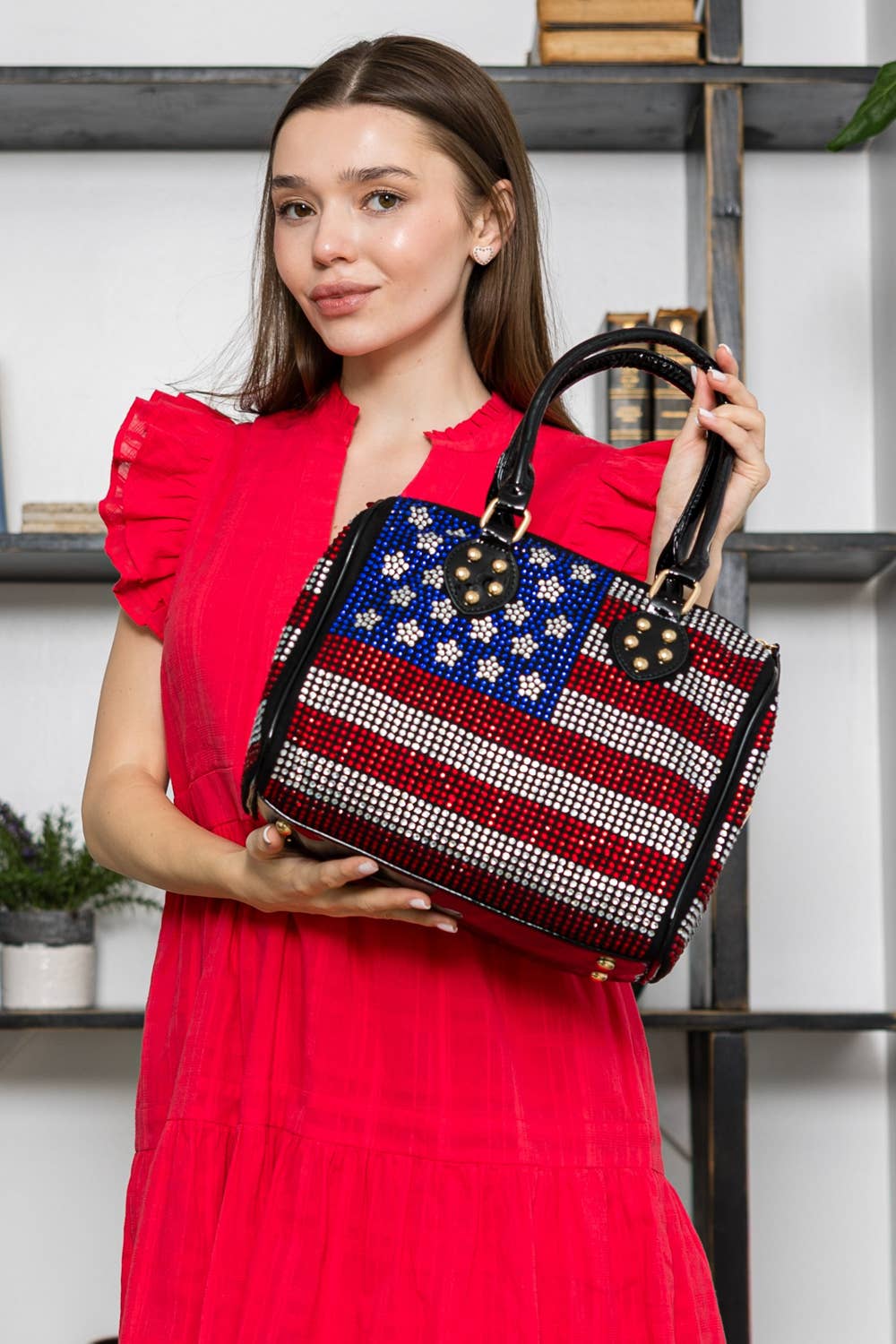 Rhinestone Flag Design Locked Satchel