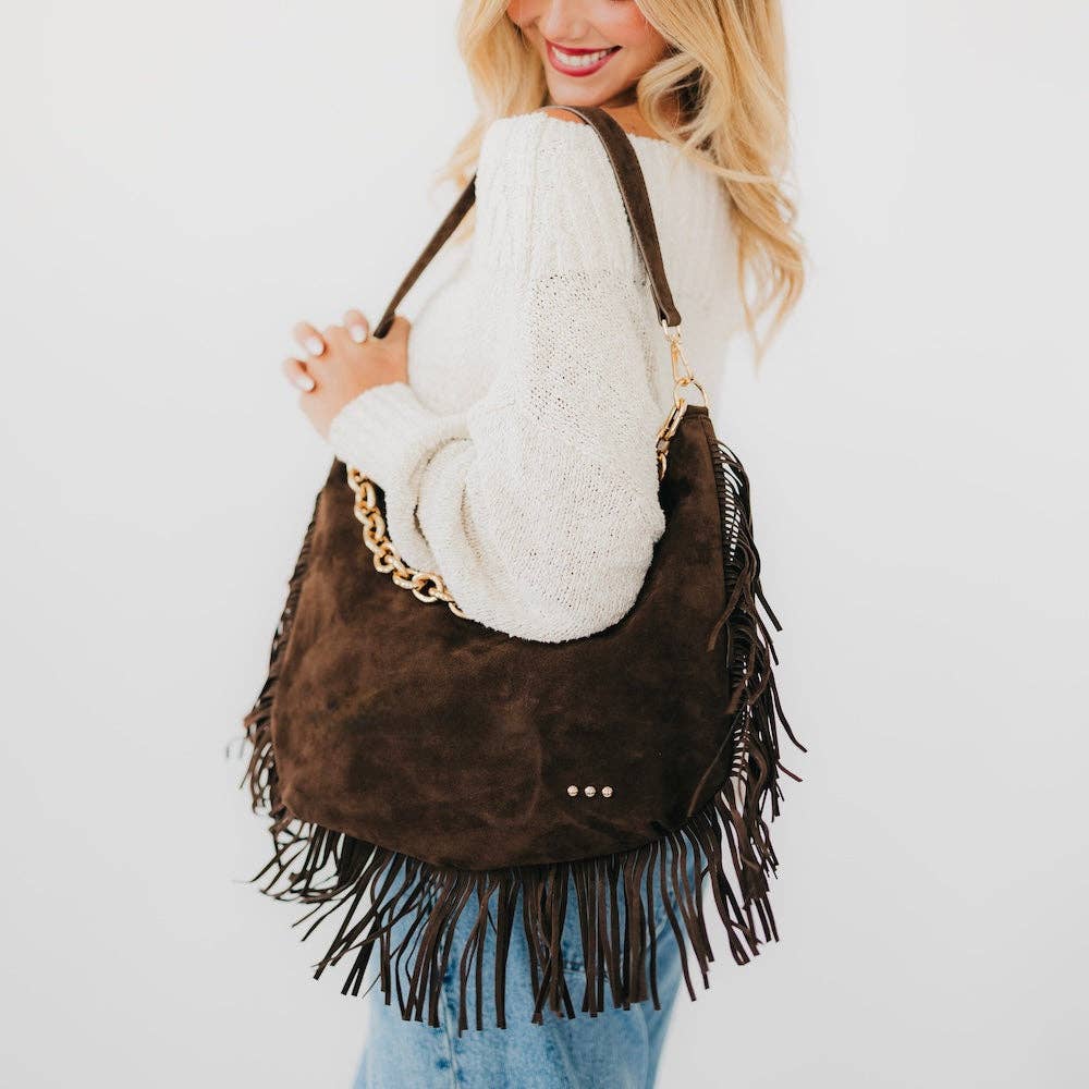 Pretty Simple - Loretta Suede Fringe Slouchy Bag - Chocolate