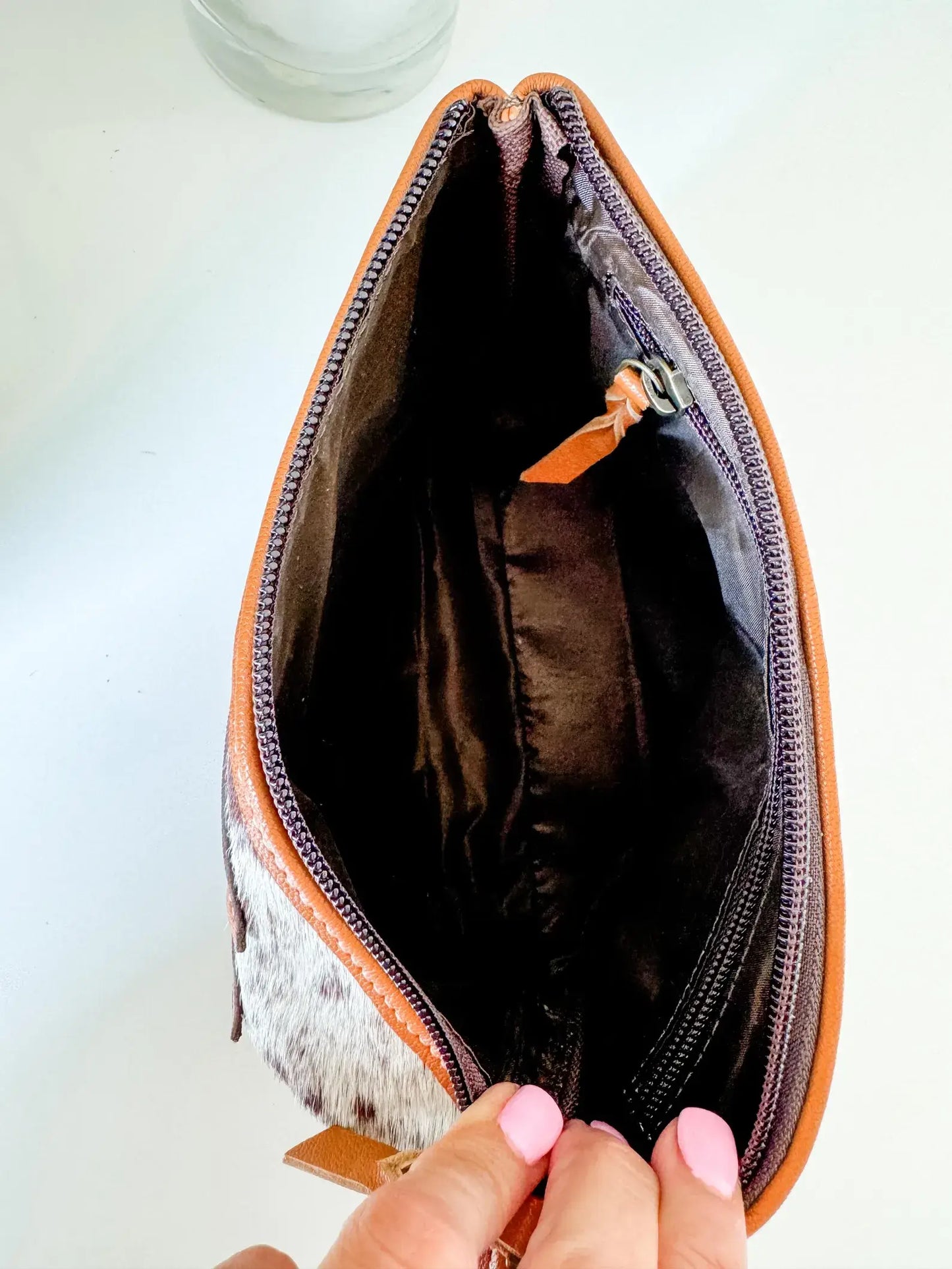 Boho Ranch Shop - COWHIDE AZTEC MAKEUP bag Genuine Hair On travel - Black Leather