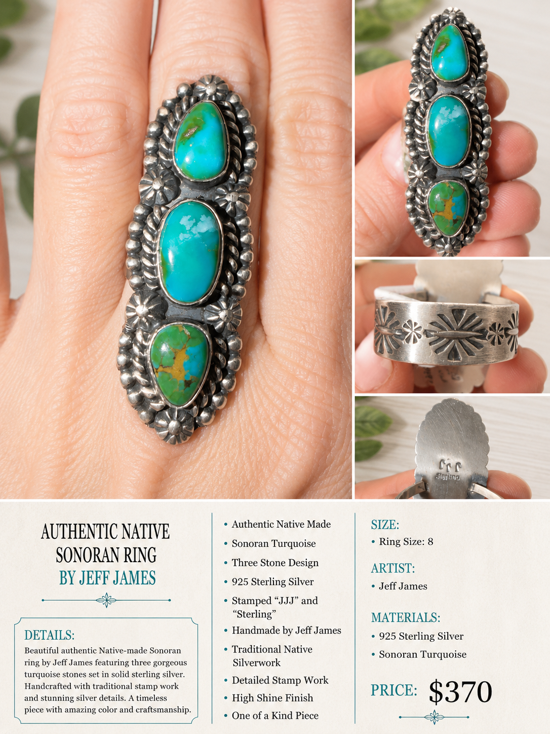 Authentic Native Sonoran Turquoise Ring by Jeff James