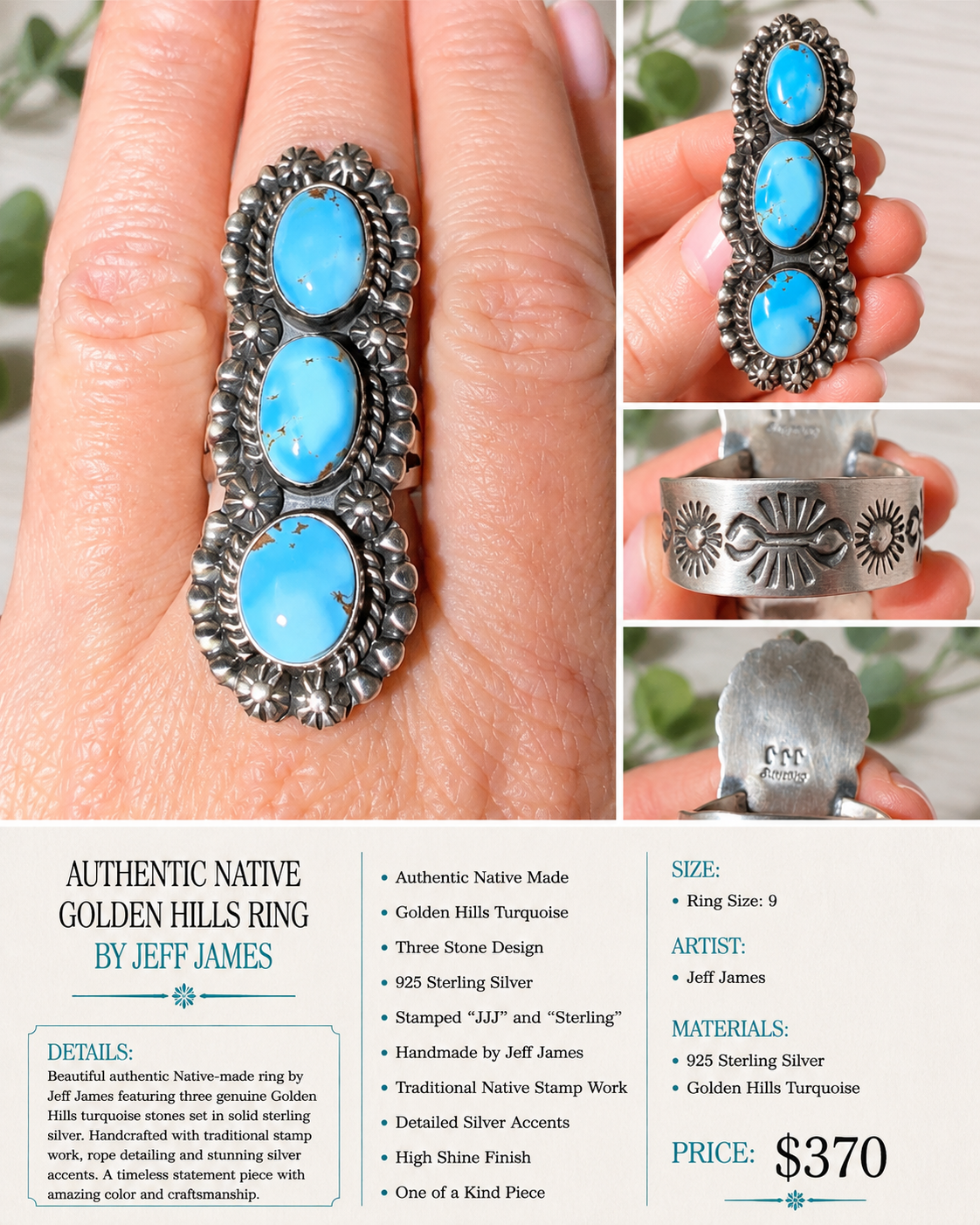Authentic Native Golden Hills Turquoise Ring by Jeff Jame