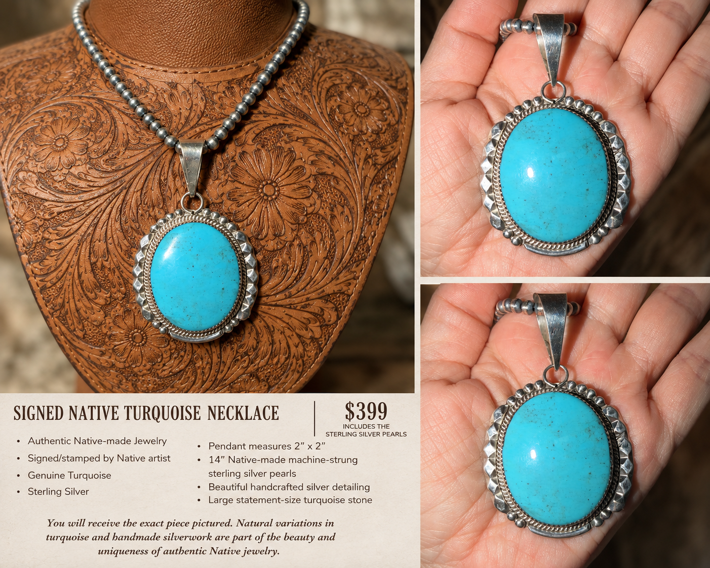 Authentic Native pendant on 14 inch 4 mm pearls!