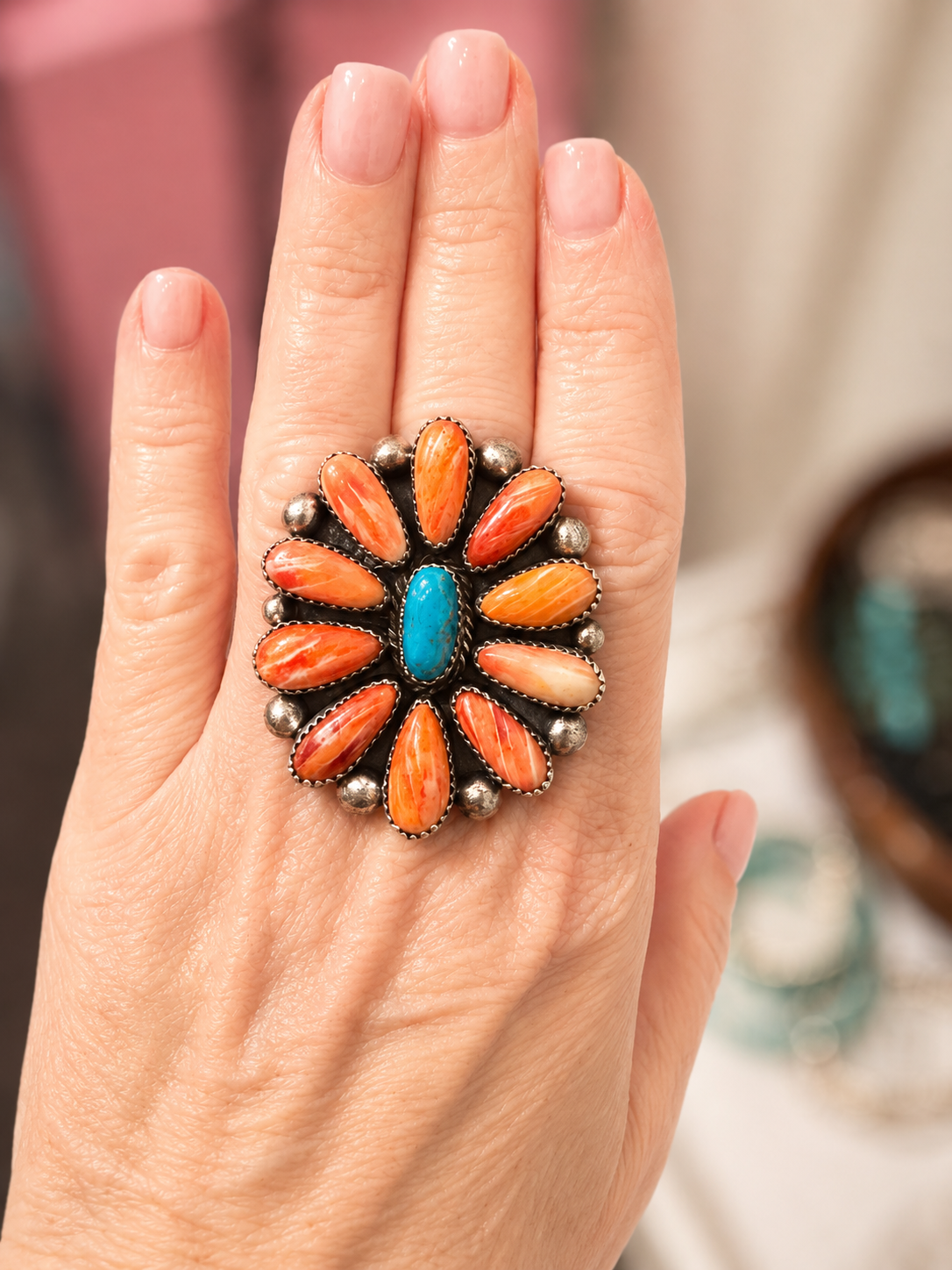 Authentic Native Orange spiny and turquoise adjustable ring!
