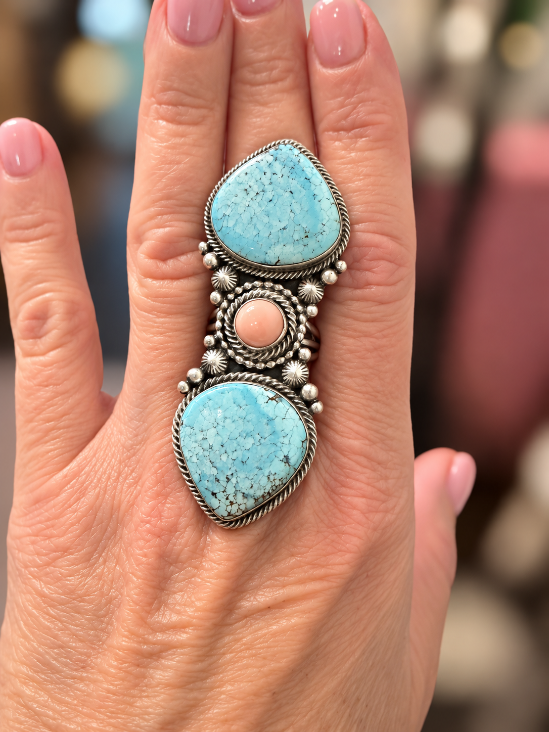 Golden hills and pink conch size 8.5 ring! Native stamped and signed’