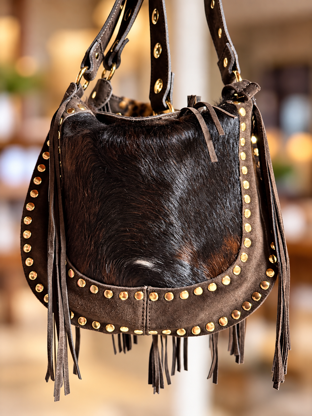 Italian suede hair on studded hobo style bag made in Italy