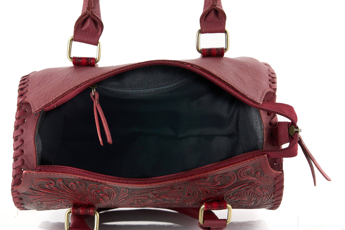 Leather Impressions Inc - Red Tooled Leather Barrel Bag – ABHB 18-26113