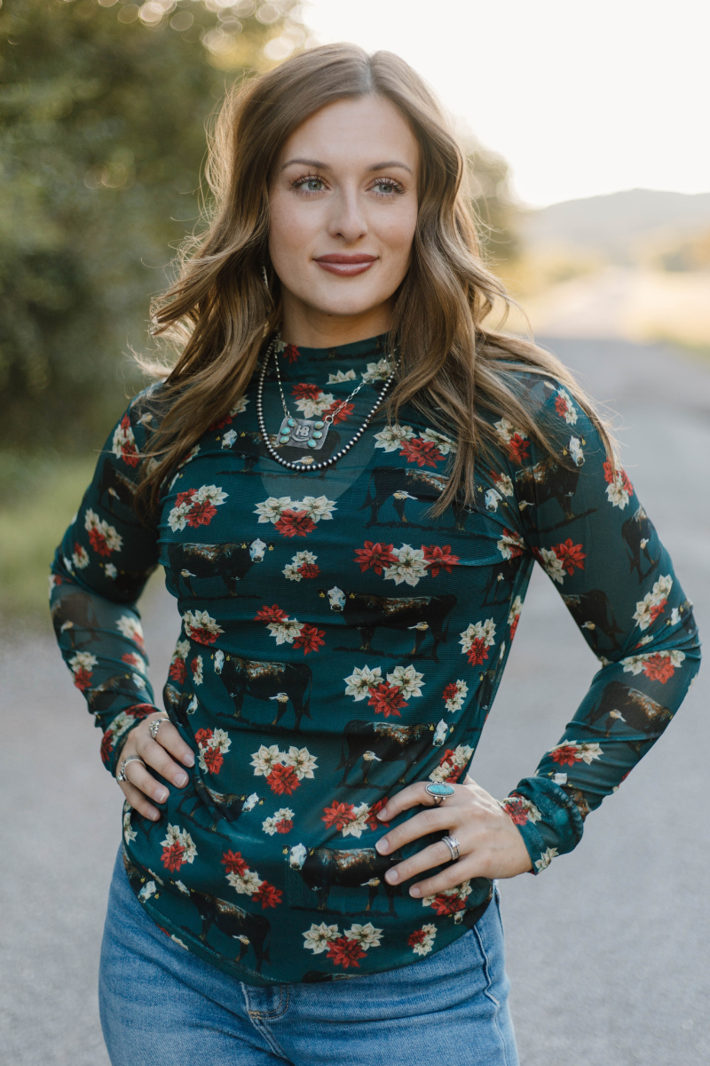 Sterling Kreek - Poinsettias on the Prairie Mesh Top - L
