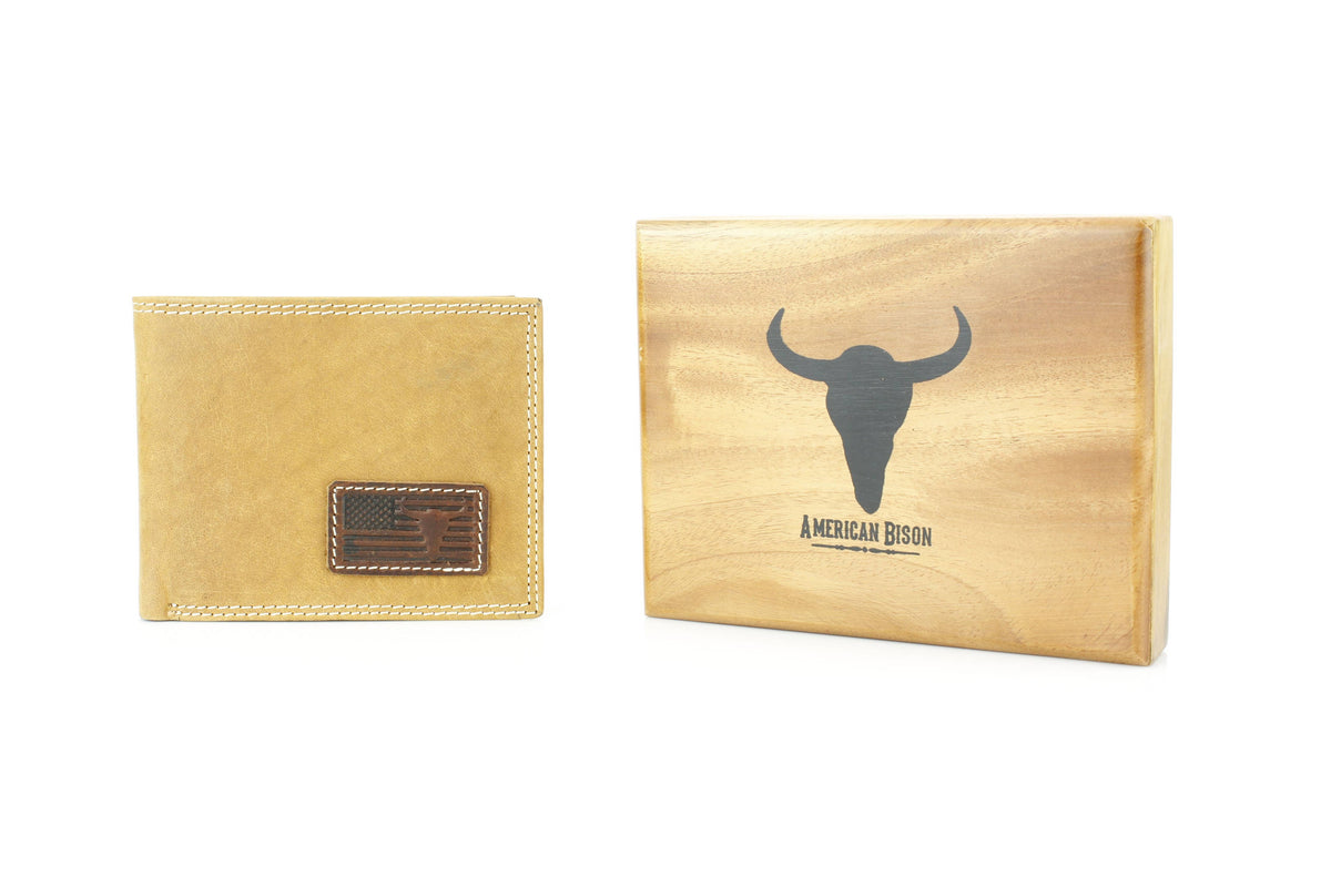 Leather Impressions Inc - Bi-Fold Wallet with Flag & Bison Skull ABMW 25-2008 - Black
