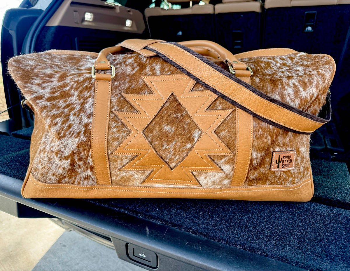 Boho Ranch Shop - AZTEC TRAVEL DUFFLE leather hair on cowhide travel bag