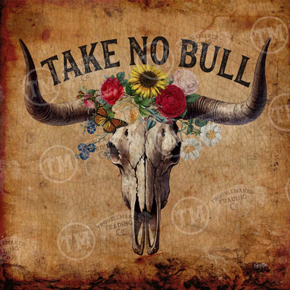 TroubleMaker Trading Company - Take No Bull Longhorn Skull - Square Framed Artwork - Extra Small - 10"