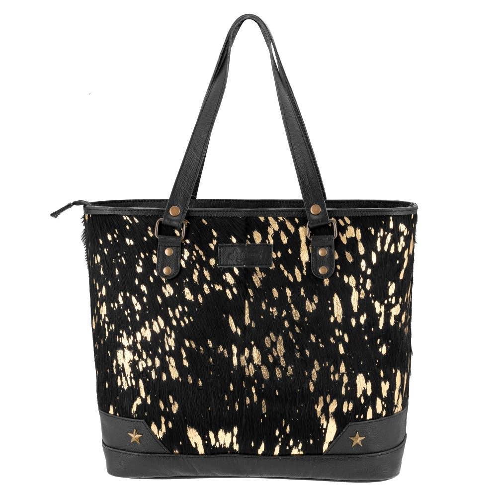 Sixtease Bags USA - Full Grain Leather & Acid Wash Cowhide Tote Bag - Women's - Tan/Gold