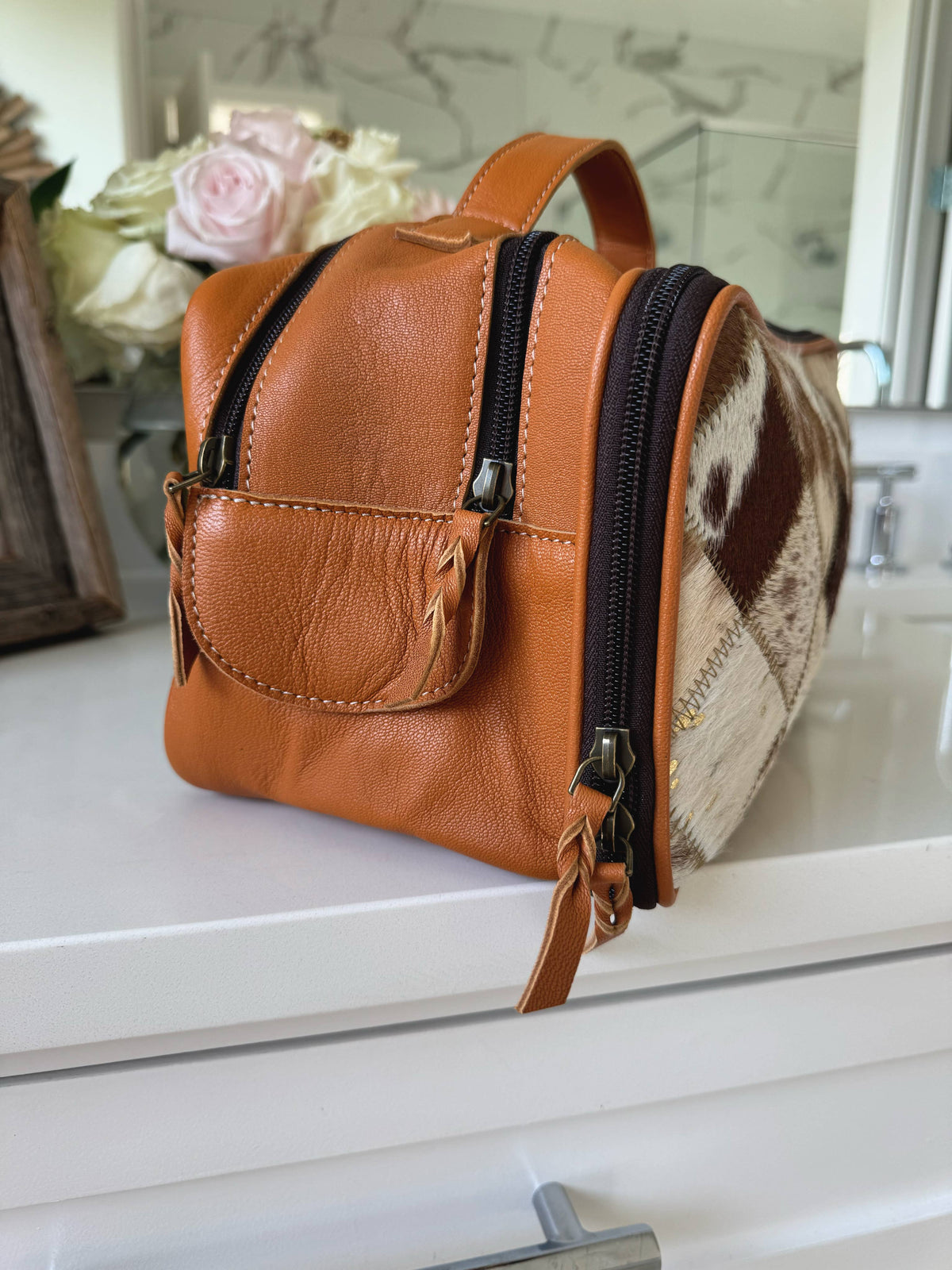 Boho Ranch Shop - MUA COWHIDE COSMETICS TRAVEL bag Genuine Leather makeup mua - TAN + WHITE COWHIDE