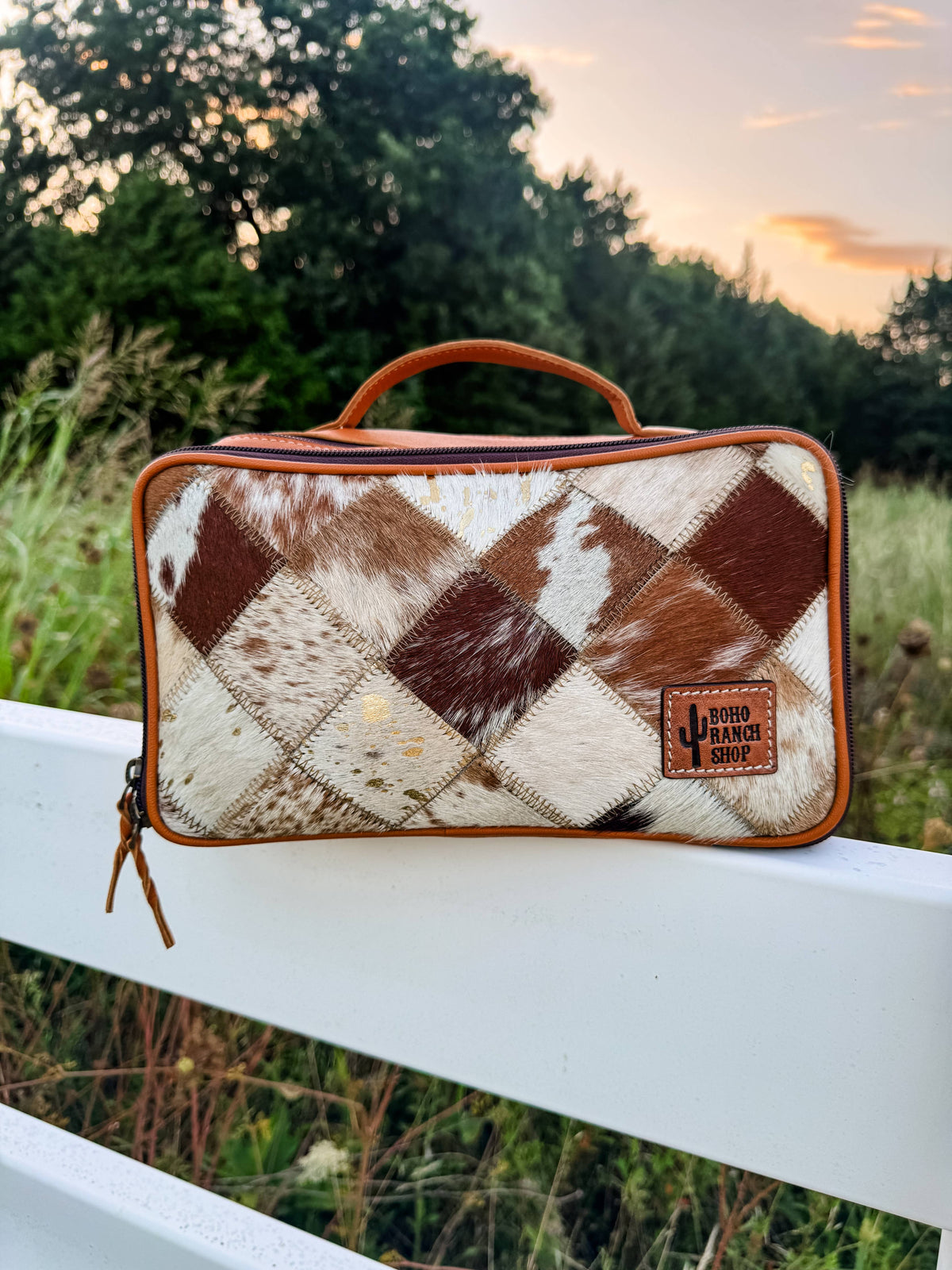 Boho Ranch Shop - MUA COWHIDE COSMETICS TRAVEL bag Genuine Leather makeup mua - TAN + WHITE COWHIDE