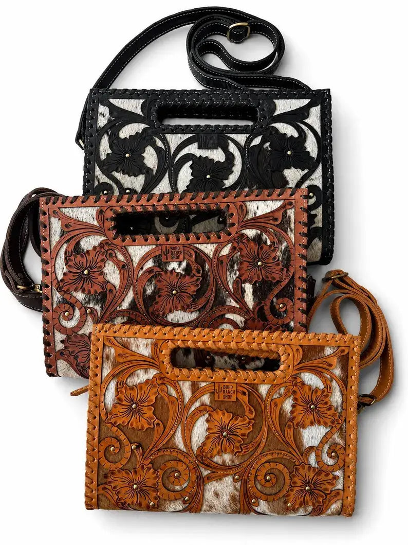 Boho Ranch Shop - Ericka Clutch -  Genuine Leather & Hair-on Cowhide - TAN