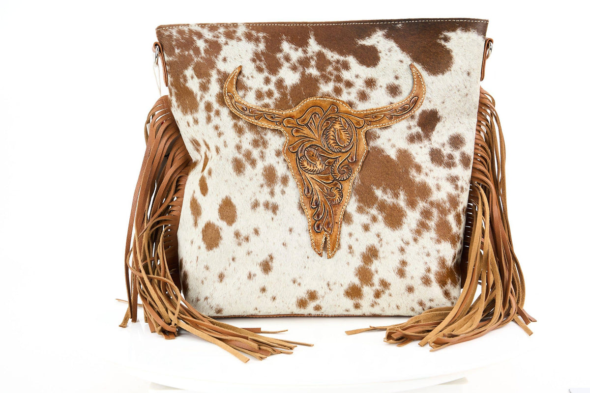 Hair on Hide Tote with Tooled Floral Bison Logo