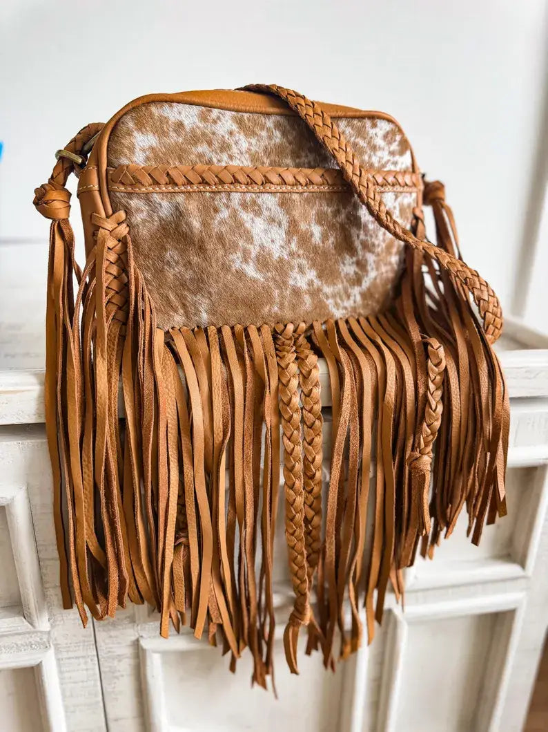 Boho Ranch Shop - THE MEGAN CROSSBODY cowhide Western Tooled Leather purse - TAN + WHITE COWHIDE