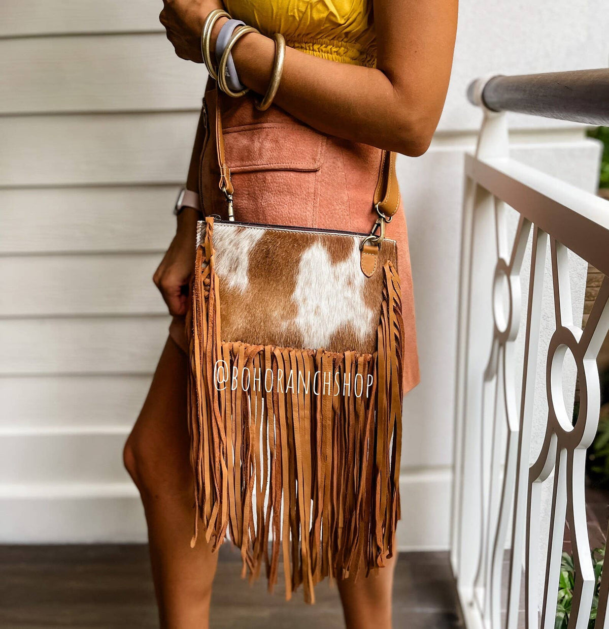 Boho Ranch Shop - THE JESSE CROSSBODY cowhide fringe tassel purse bag - BLACK LEATHER