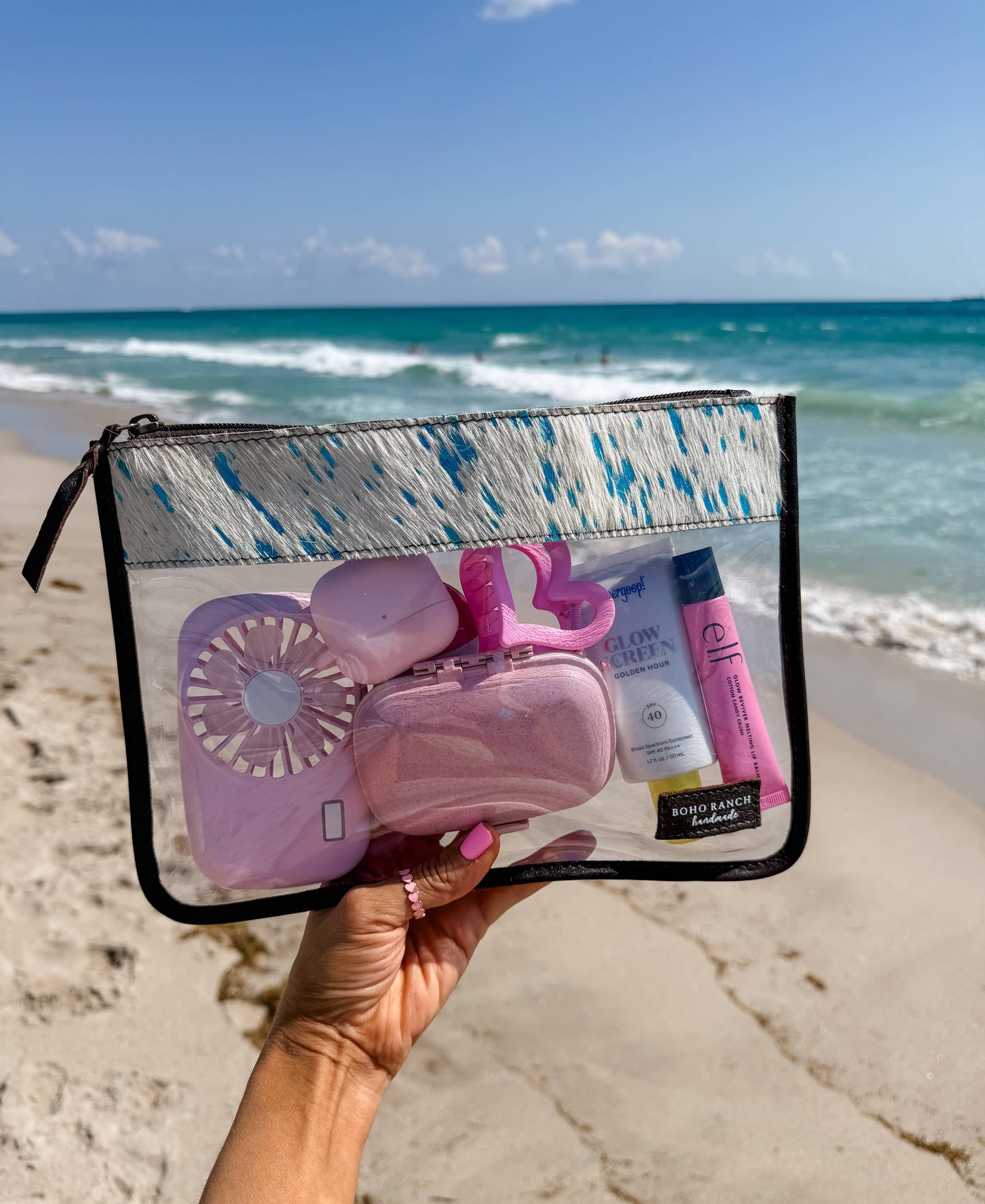 Boho Ranch Shop - Cowhide Clear Toiletry Makeup Bag, organizer Travel Pouch - BROWN + WHITE COWHIDE