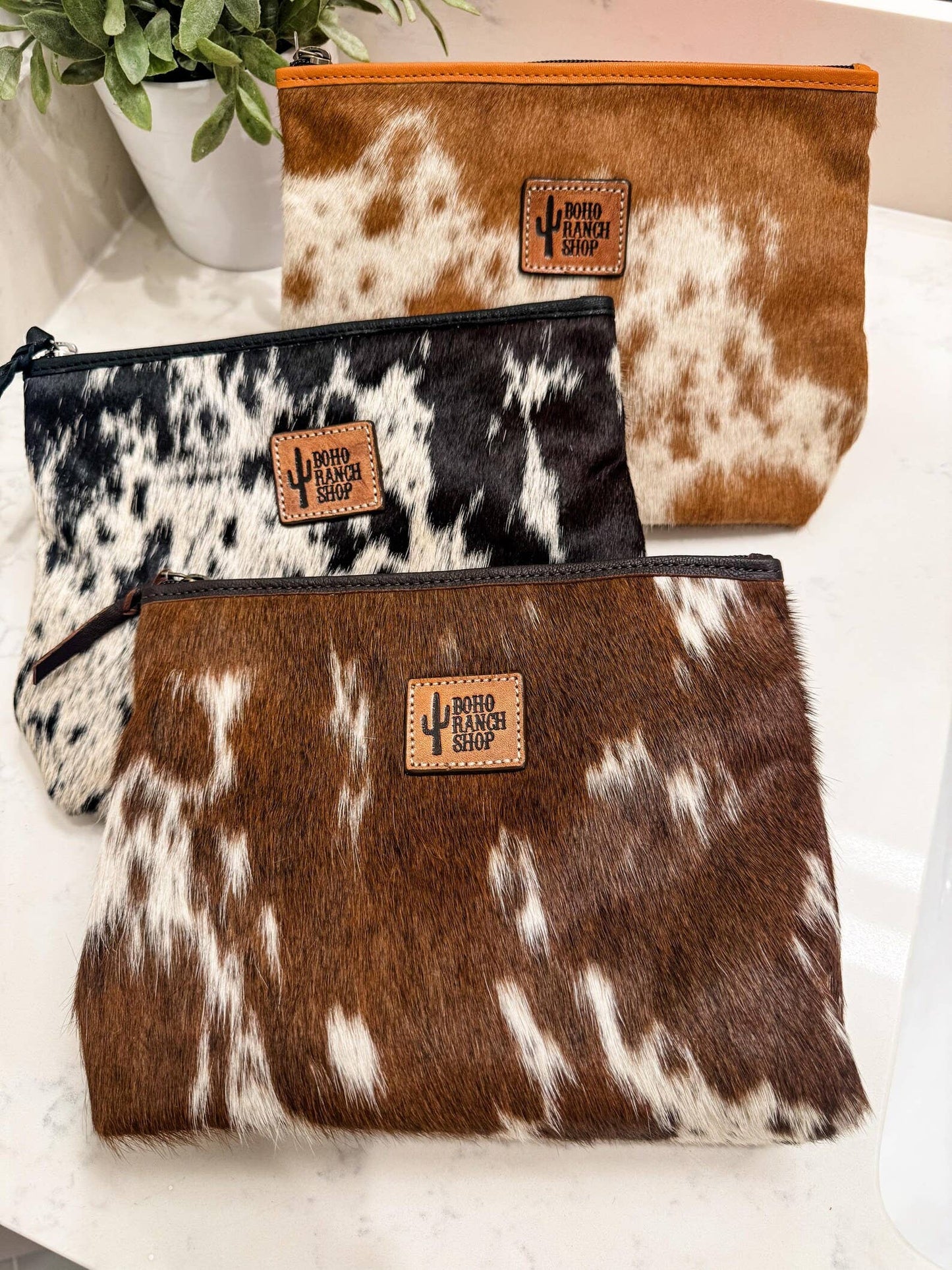 Boho Ranch Shop - Western Cowhide Makeup Bag Travel - BLACK + WHITE