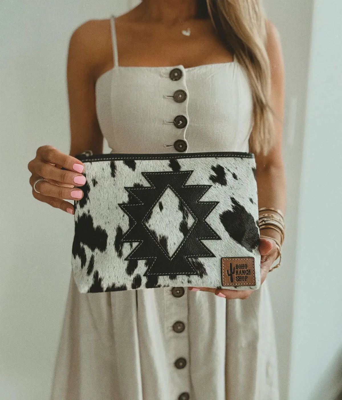 Boho Ranch Shop - COWHIDE AZTEC  MAKEUP bag Genuine Hair On travel - Black Leather
