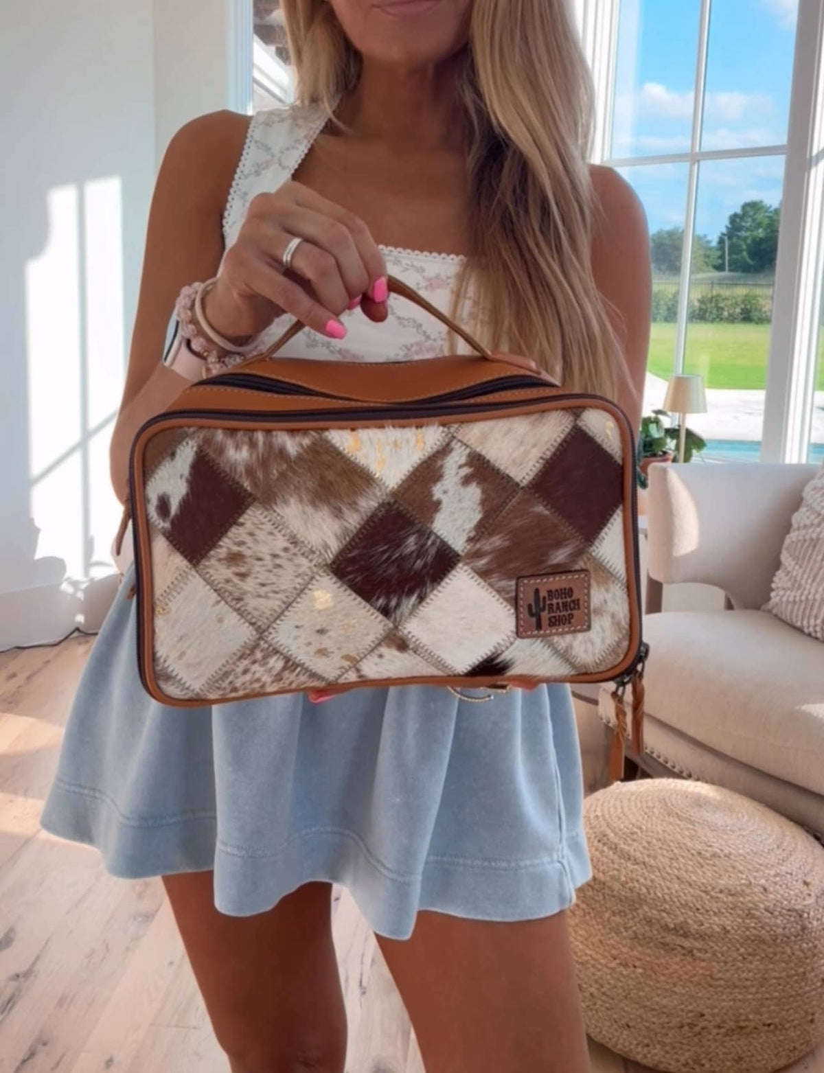Boho Ranch Shop - MUA COWHIDE COSMETICS TRAVEL bag Genuine Leather makeup mua - TAN + WHITE COWHIDE