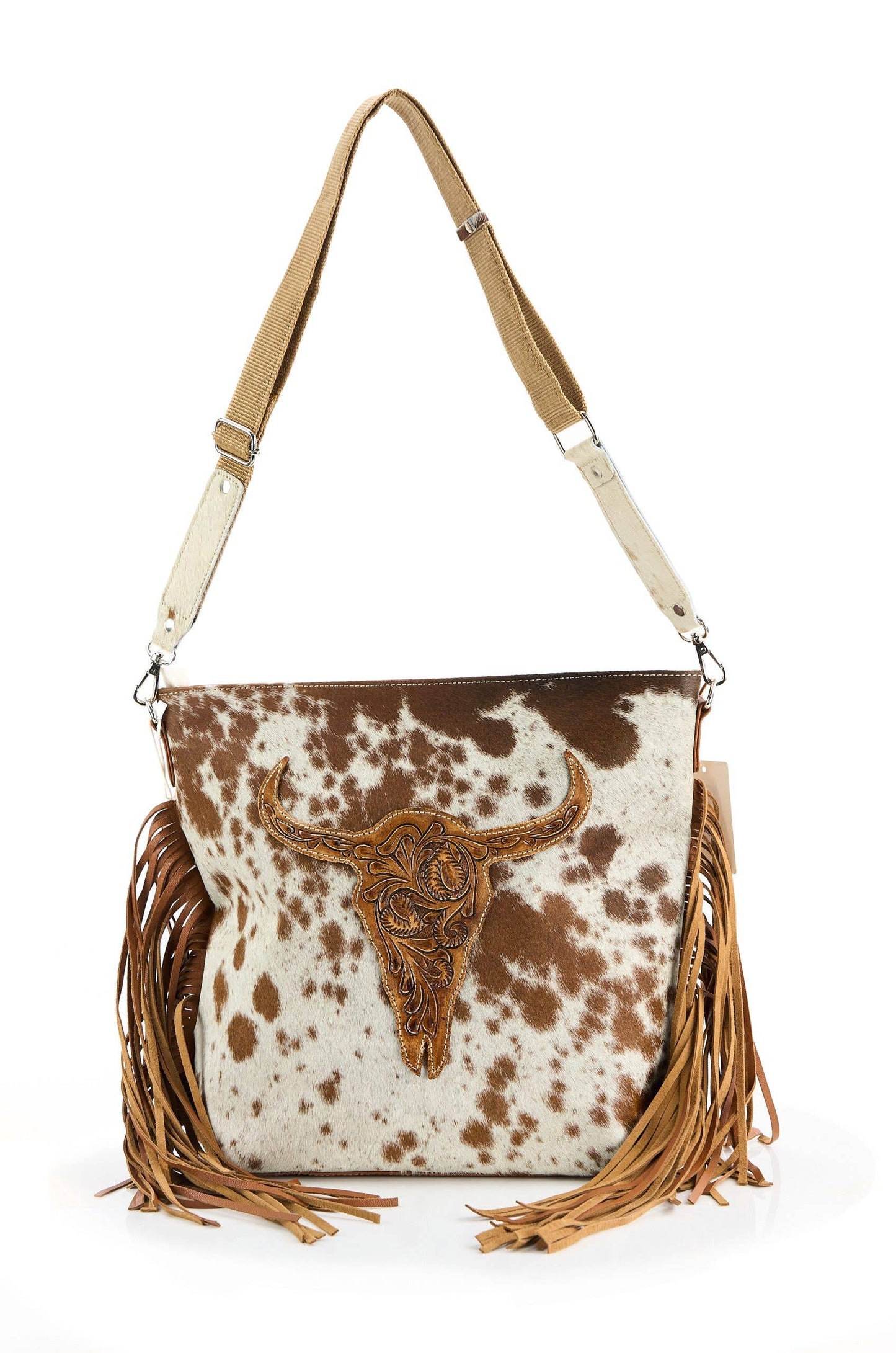 Hair on Hide Tote with Tooled Floral Bison Logo