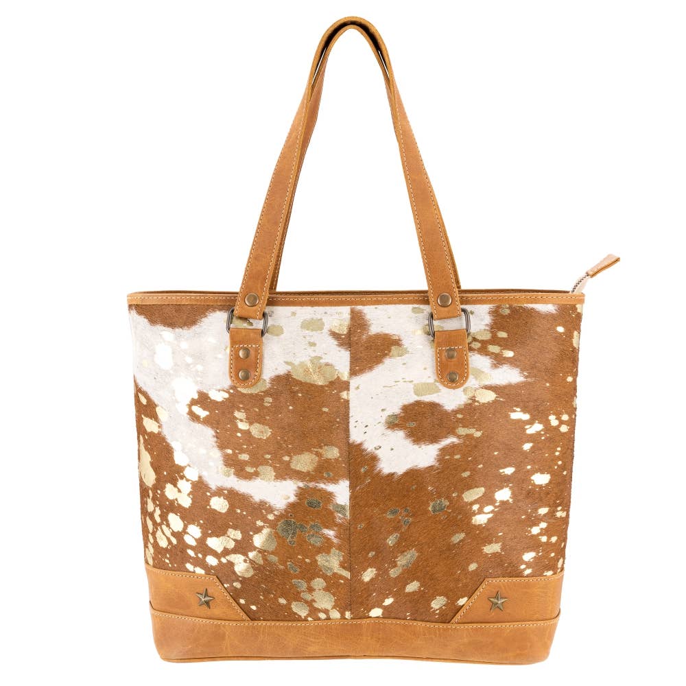 Sixtease Bags USA - Full Grain Leather & Acid Wash Cowhide Tote Bag - Women's - Tan/Gold
