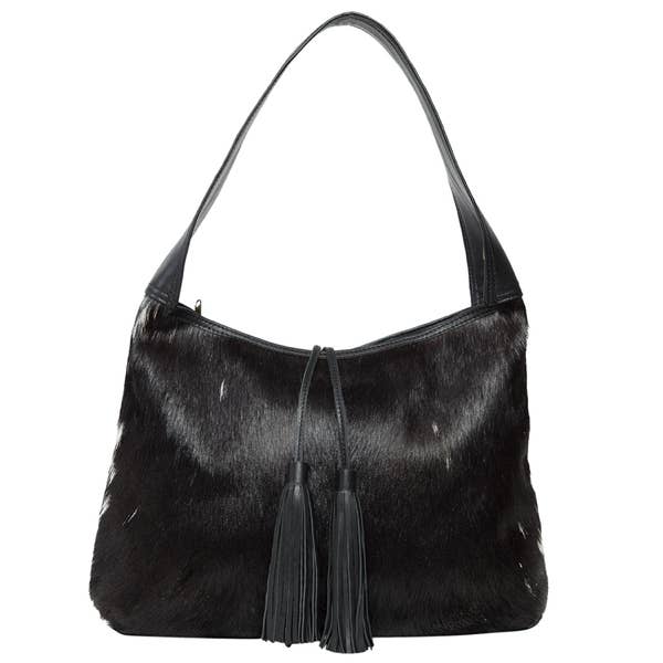 Cowhide Tote Bag with Tassel -Tan & White