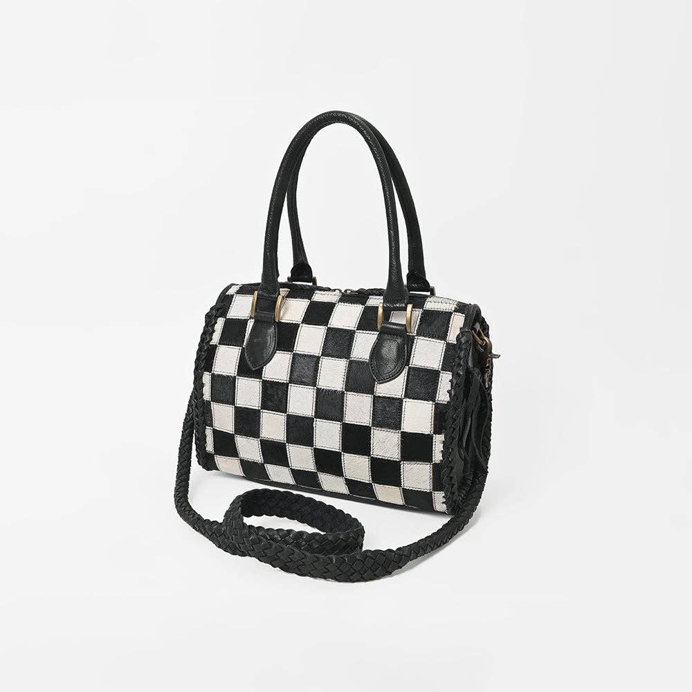 American Darling - Hair-On Hide Satchel Bag for Women Checkered Leather Handbag - ADBGM860A