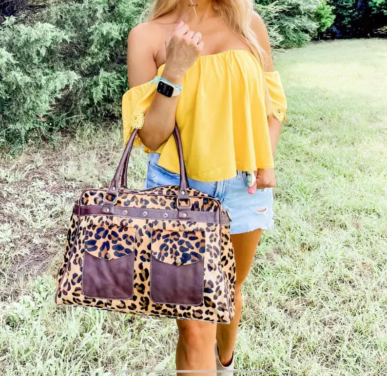Boho Ranch Shop - Weekender Duffle Leather Hair On Cowhide Duffel Travel Bag - Brown +White Cowhide