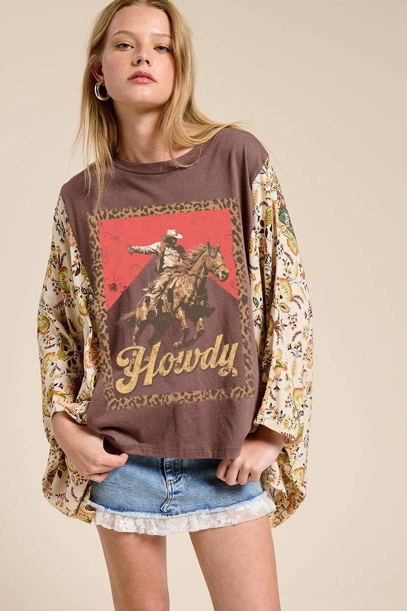 Zutter - Howdy Western Cowboy Graphic Rustic Sheer Sleeves Kaftan Top - BLACK / L