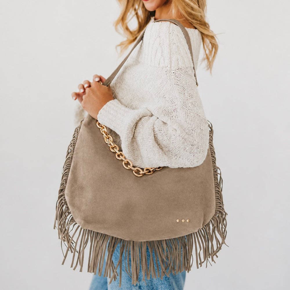Pretty Simple - Loretta Suede Fringe Slouchy Bag - Chocolate