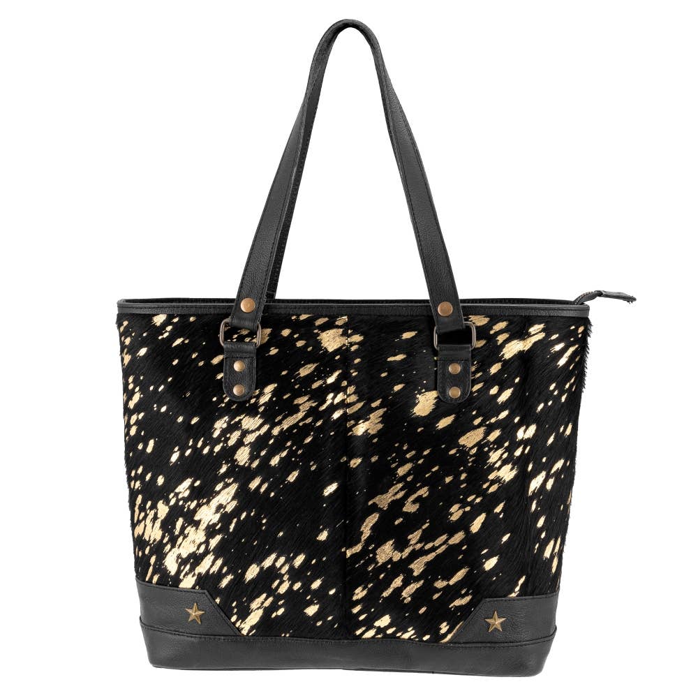 Sixtease Bags USA - Full Grain Leather & Acid Wash Cowhide Tote Bag - Women's - Tan/Gold