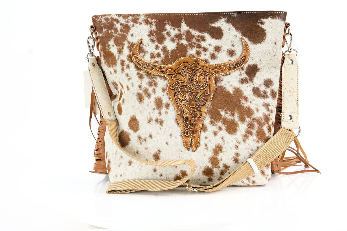 Hair on Hide Tote with Tooled Floral Bison Logo