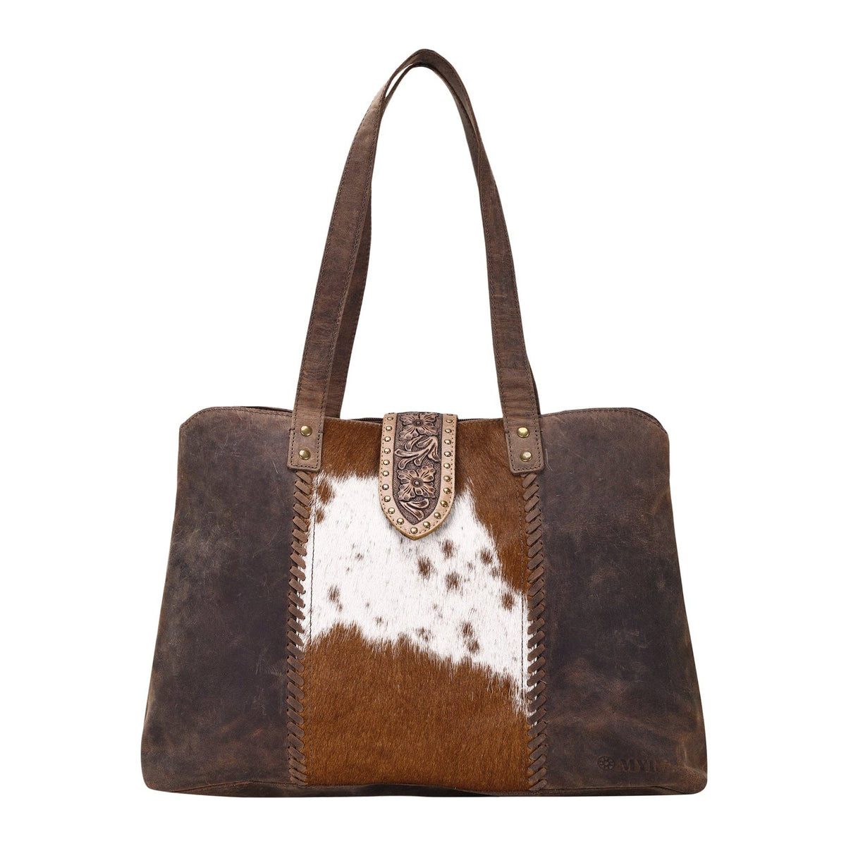 Myra Bag - Thornbluff Laptop Bag in brown with hair on and hand tooled flap - Brown