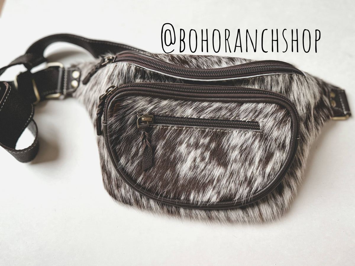 Boho Ranch Shop - Western Hairon Cowhide Fanny Pack - bum bag sling bag - Black + White Cowhde