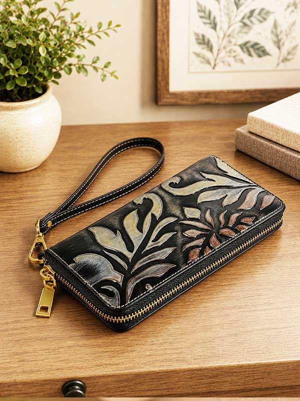 MC Handbags - 5023 Odessa Wallet - Genuine Tooled Embossed Leather  - Black Multi
