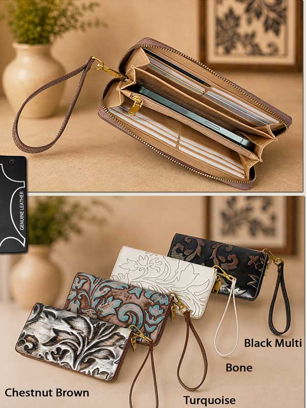 Odessa Wallet - Genuine Tooled Embossed Leather  - Chesunt Brown
