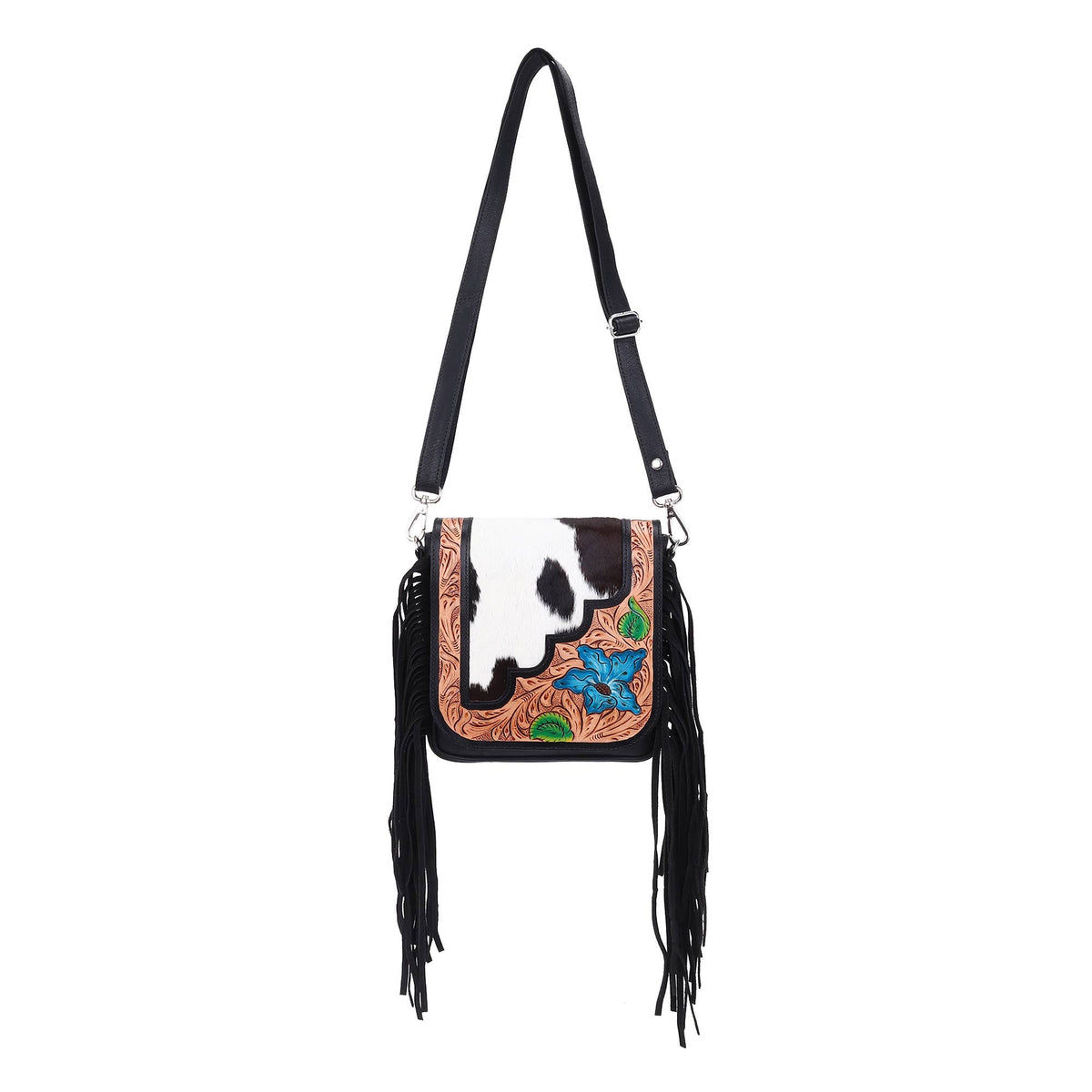 Sixtease Bags USA - Leather Cowhide Western Hand Tooled Women Small Crossbody - Black White Cowhide Inlay with Tan Floral Hand Tooled