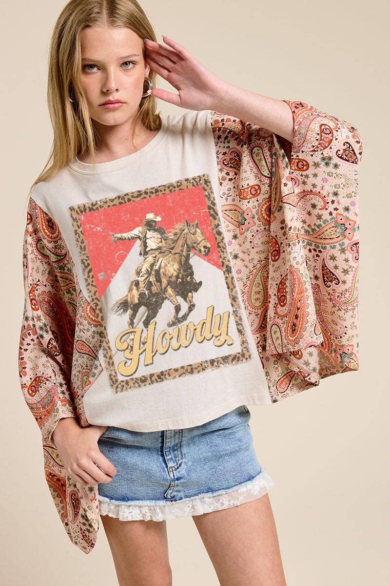 Zutter - Howdy Western Cowboy Graphic Rustic Sheer Sleeves Kaftan Top - BLACK / S