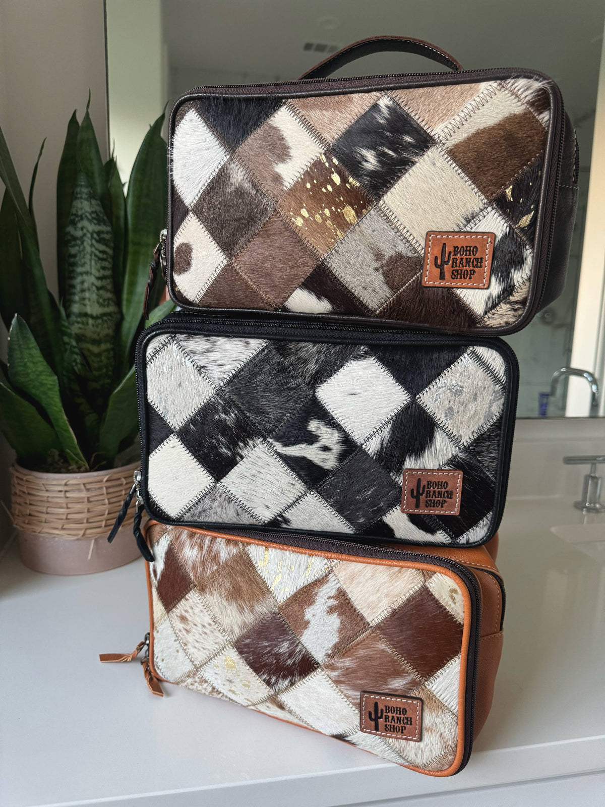 Boho Ranch Shop - MUA COWHIDE COSMETICS TRAVEL bag Genuine Leather makeup mua - TAN + WHITE COWHIDE
