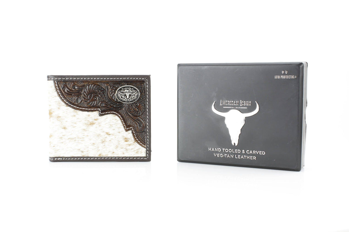 Leather Impressions Inc - Western Cowhide Bifold Wallet with Filigree Tooling & Concho - Long Horn