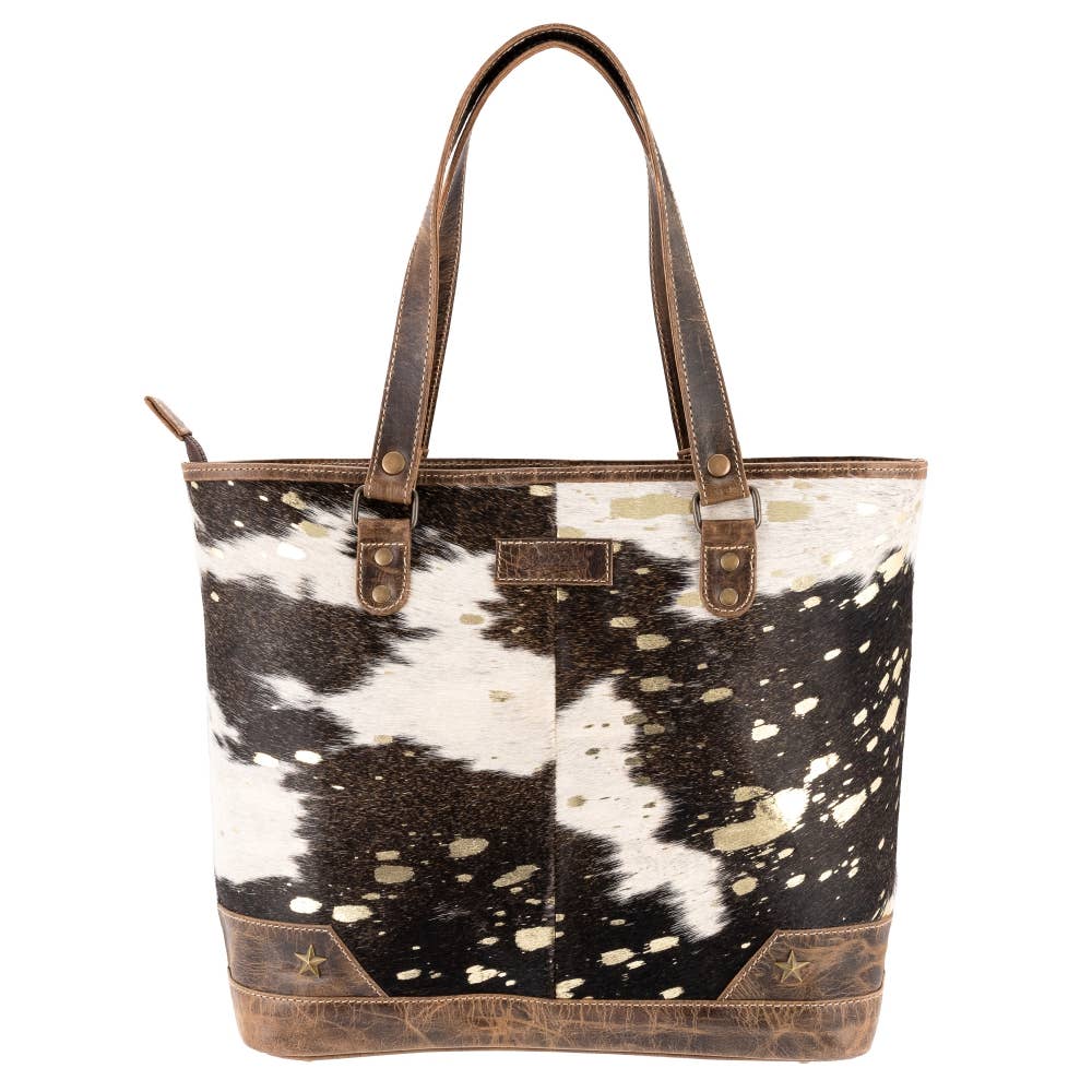 Sixtease Bags USA - Full Grain Leather & Acid Wash Cowhide Tote Bag - Women's - Tan/Gold