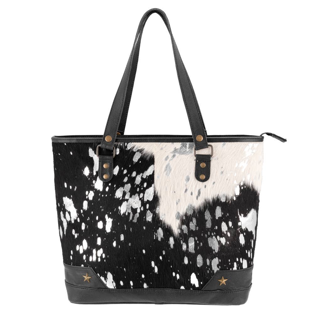 Sixtease Bags USA - Full Grain Leather & Acid Wash Cowhide Tote Bag - Women's - Tan/Gold