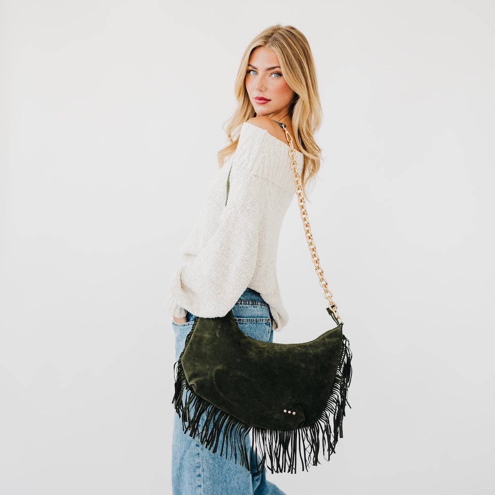 Pretty Simple - Loretta Suede Fringe Slouchy Bag - Black